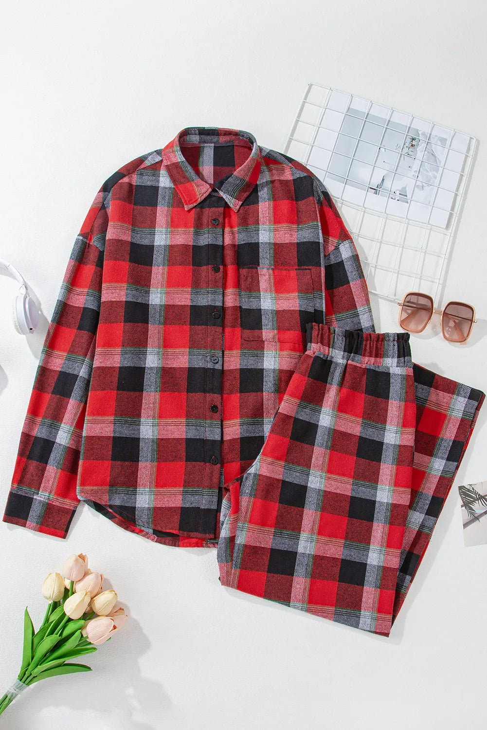 Plaid Long Sleeve Top and Pants Lounge Set - Celeste    