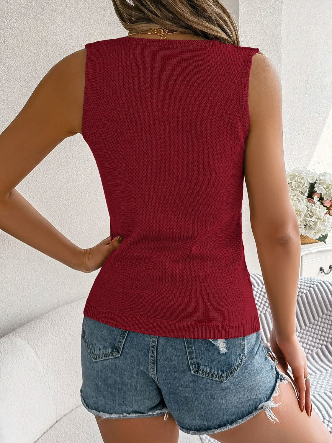 Openwork V-Neck Knit Vest - Celeste    