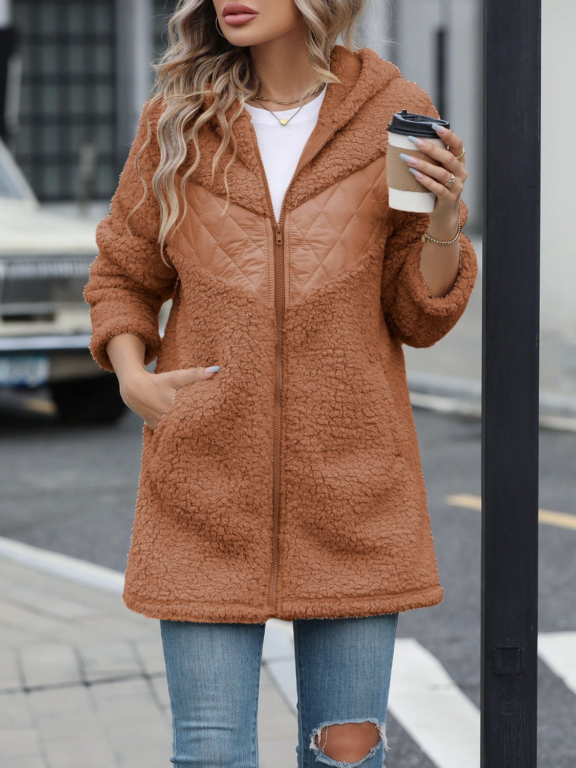 Fuzzy Zip Up Long Sleeve Hooded Jacket - Celeste    
