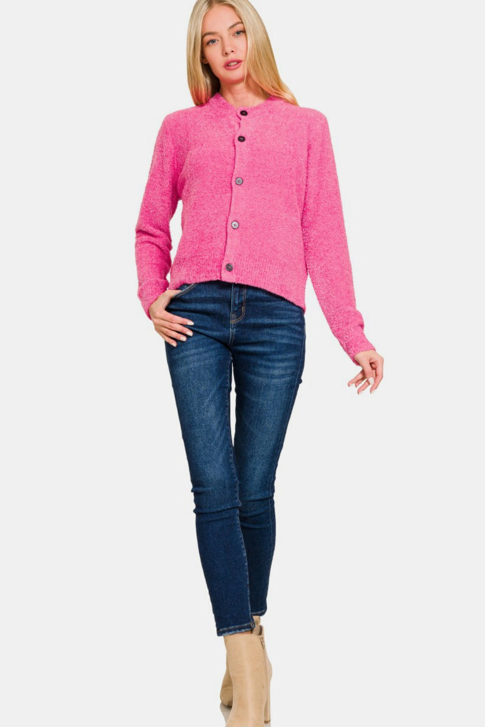 Zenana Button Down Long Sleeve Sweater Cardigan - Celeste    