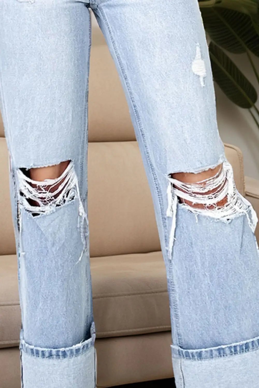 Distressed High Waist Jeans with Pockets - Celeste    
