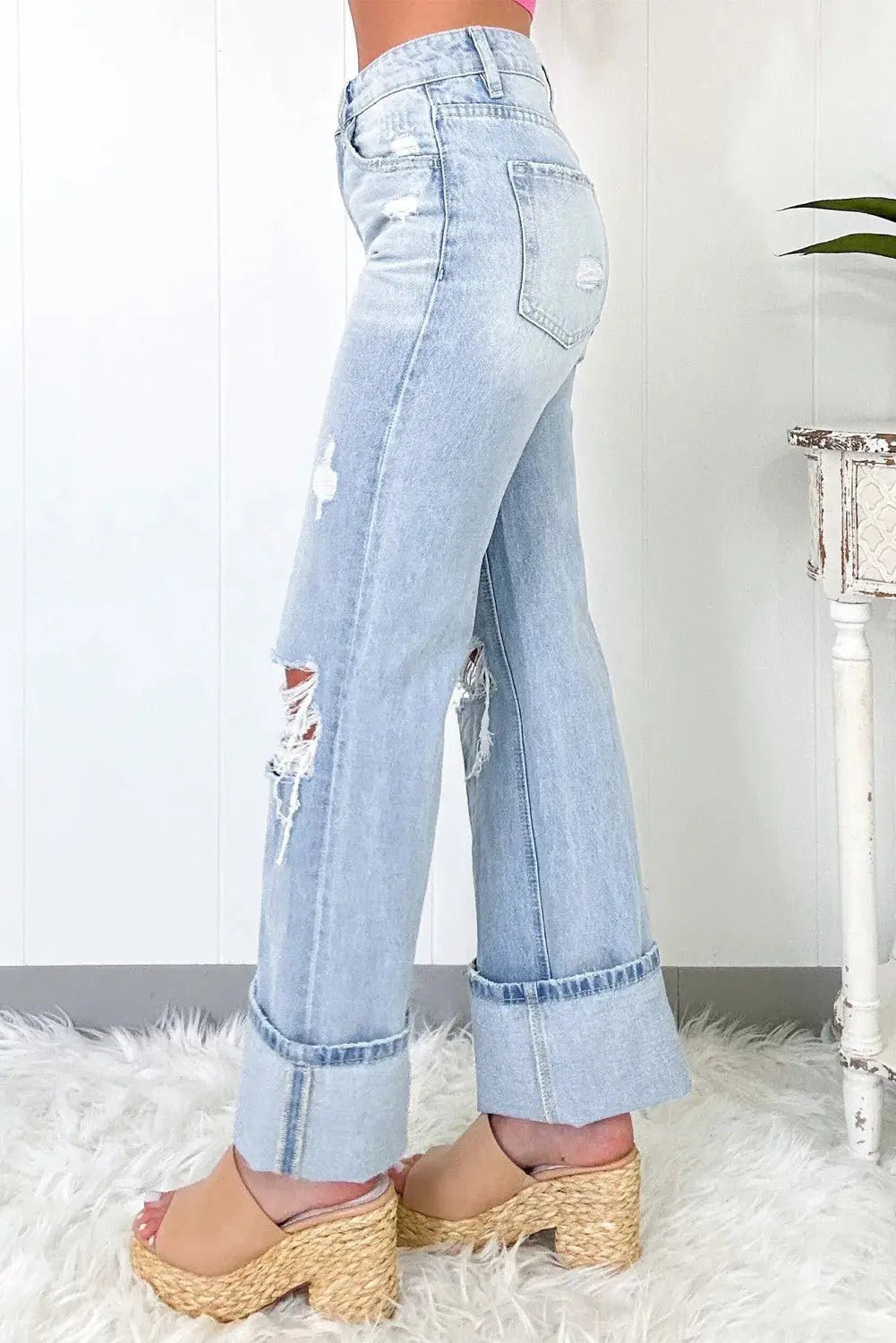 Distressed High Waist Jeans with Pockets - Celeste    