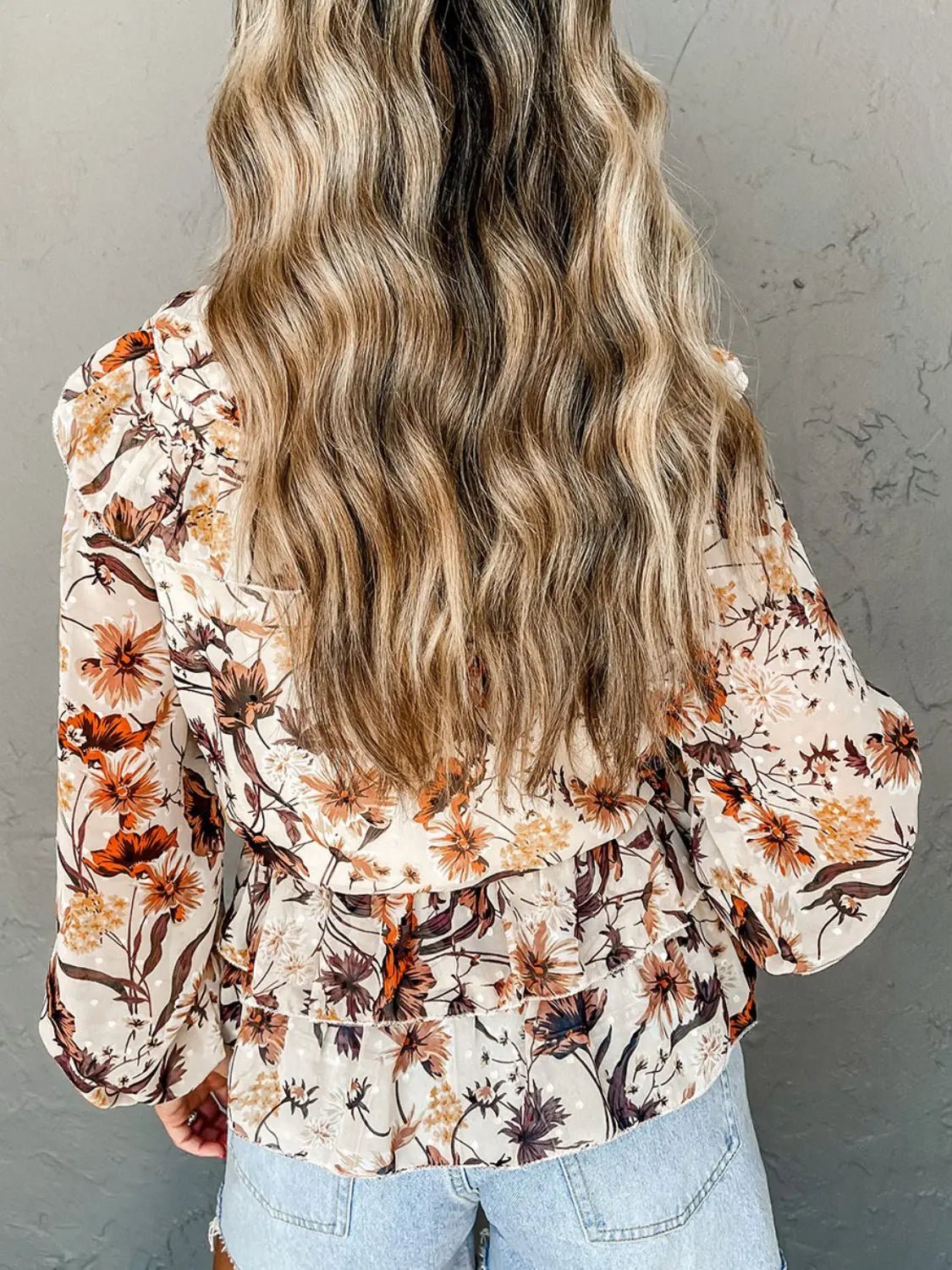 Drawstring Floral Lantern Sleeve Blouse - Celeste    