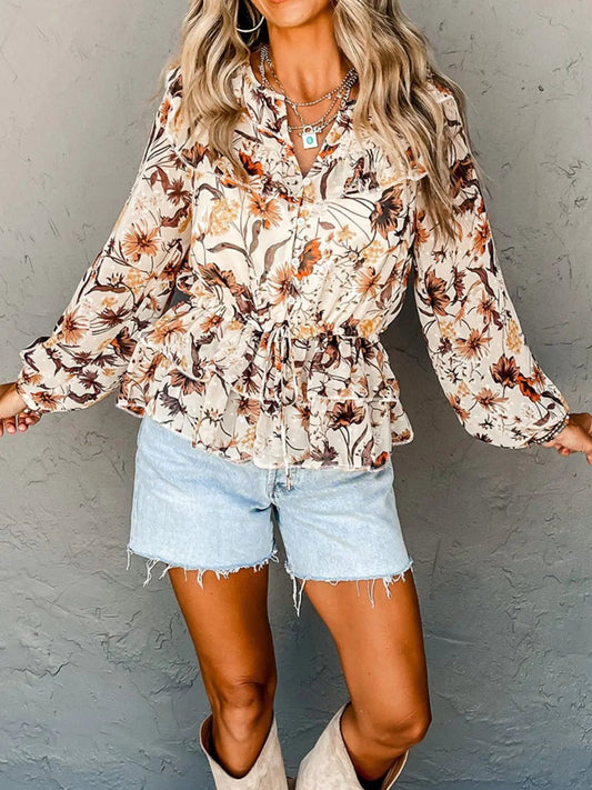 Drawstring Floral Lantern Sleeve Blouse - Celeste    