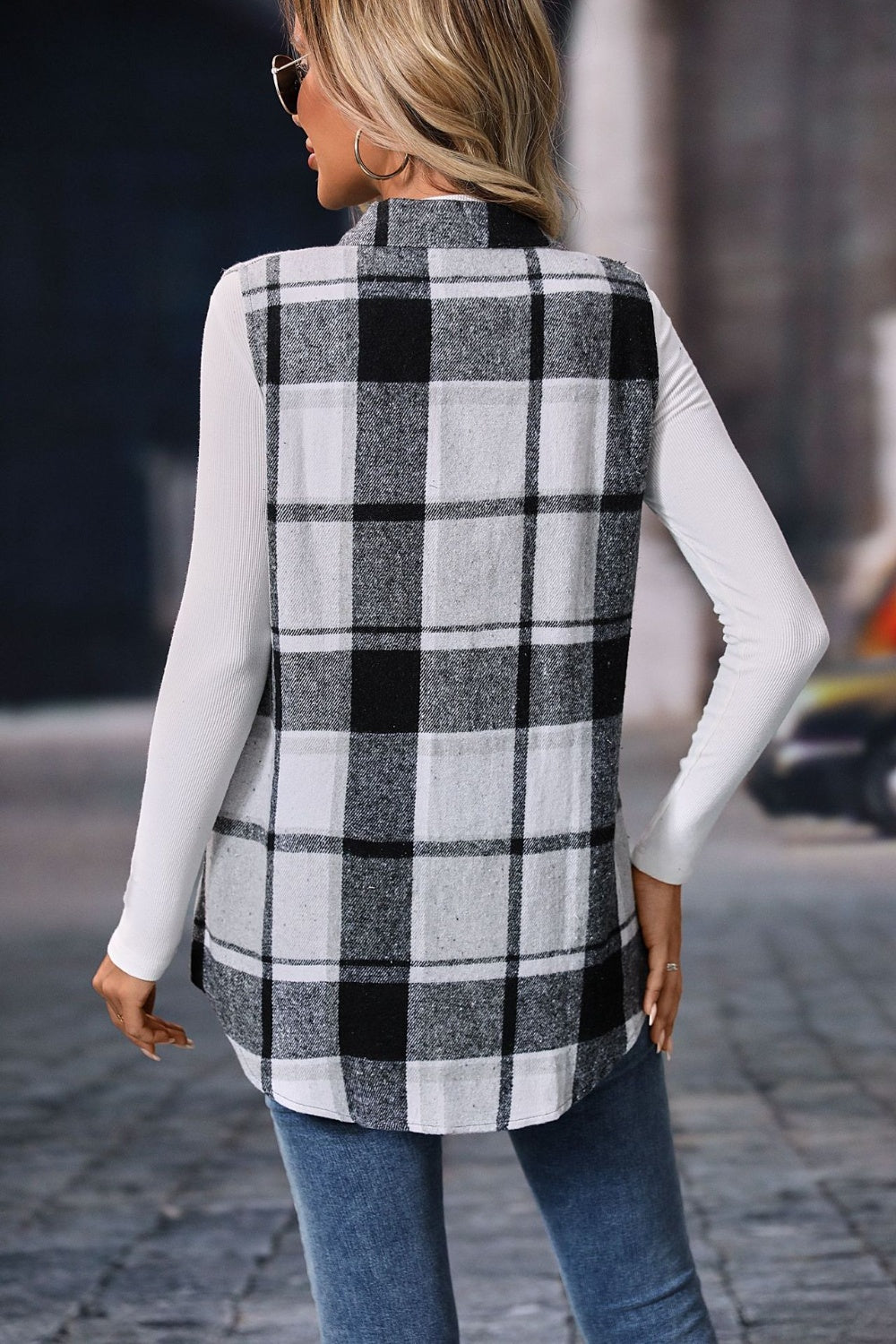 Plaid Button Up Vest Coat - Celeste    