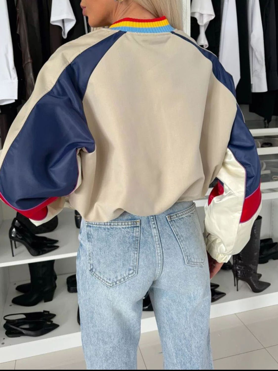 Contrast Baseball Collar Zip Up Long Sleeve Jacket - Celeste    