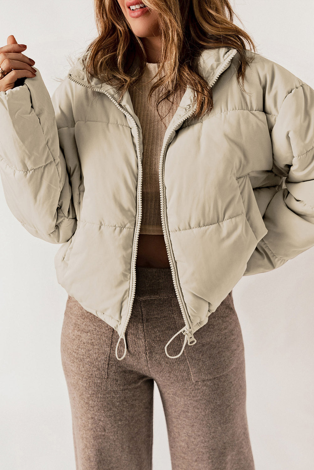 Zip Up Collared Neck Long Sleeve Winter Coat - Celeste    