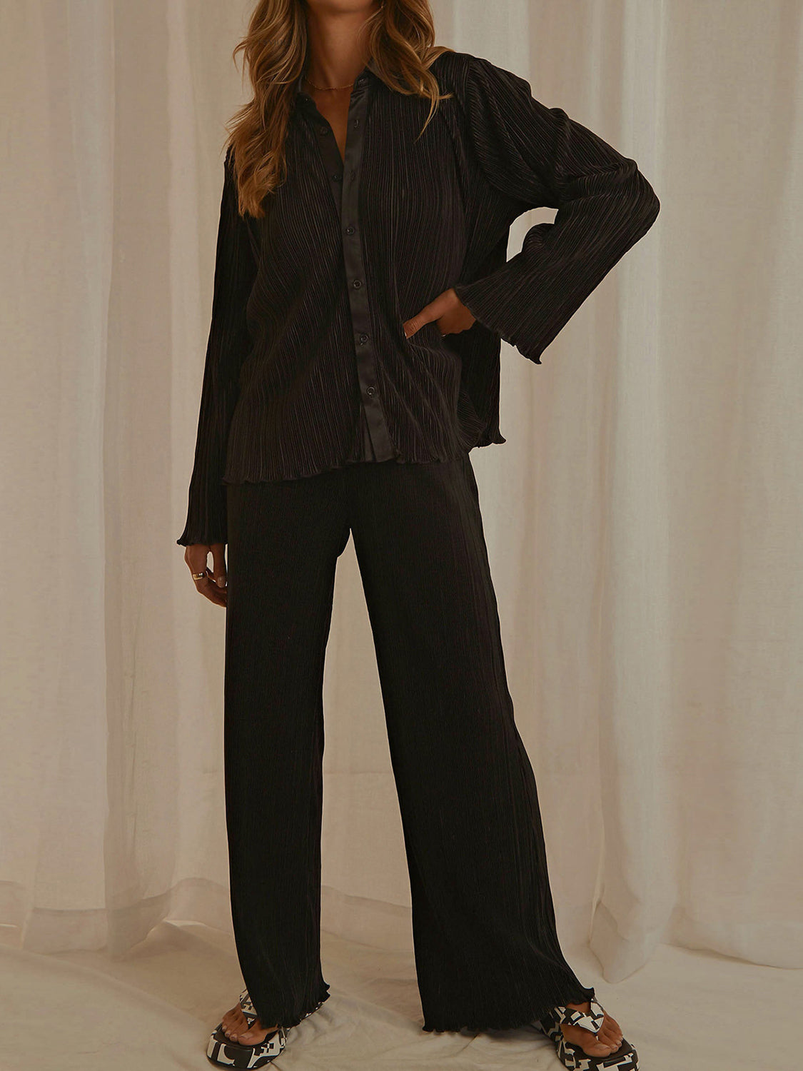 Collared Neck Long Sleeve Top and Pants Lounge Set - Celeste    