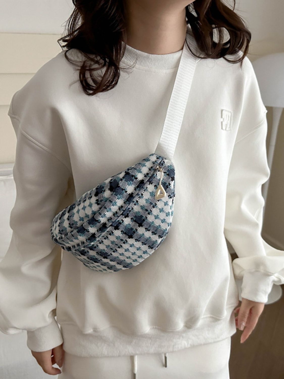 Plaid Wide Strap Crossbody Bag - Celeste    