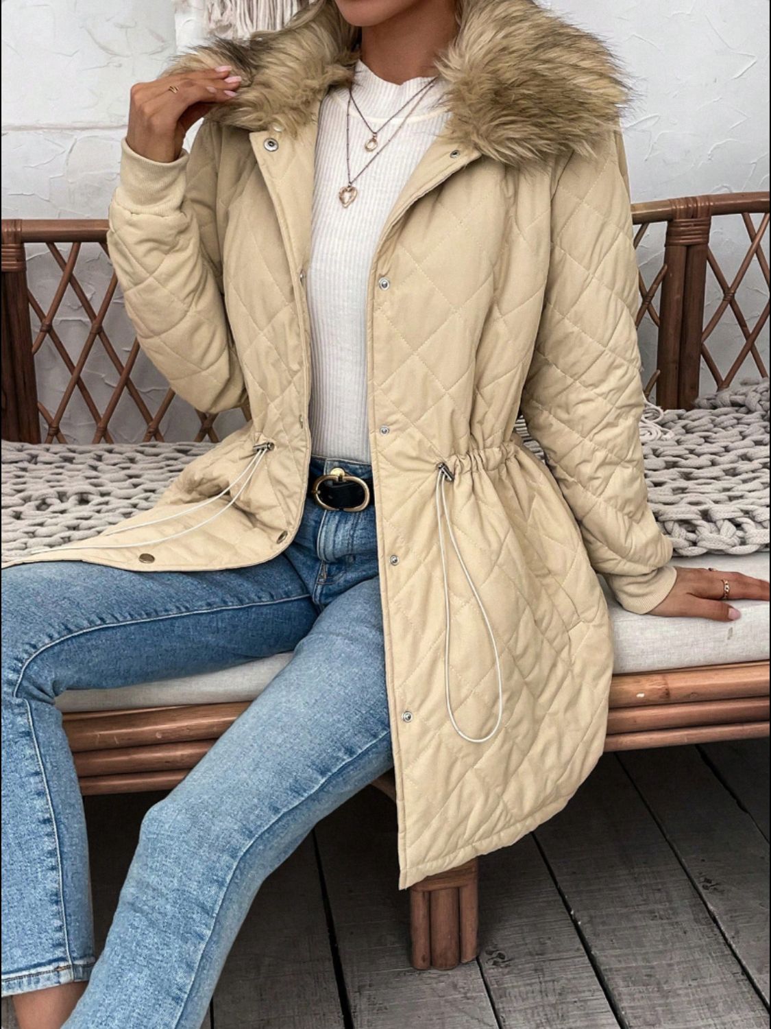 Drawstring Snap Down Long Sleeve Outerwear - Celeste    