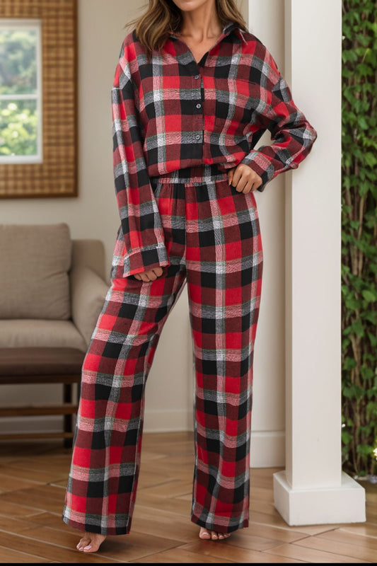 Plaid Long Sleeve Top and Pants Lounge Set - Celeste    