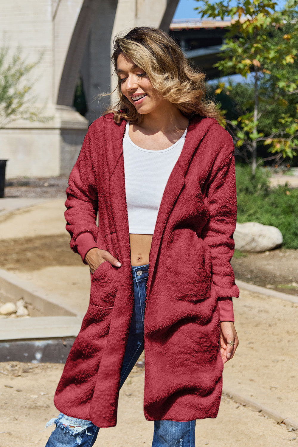 Double Take Full Size Hooded Teddy Bear Jacket with Thumbholes - Celeste    