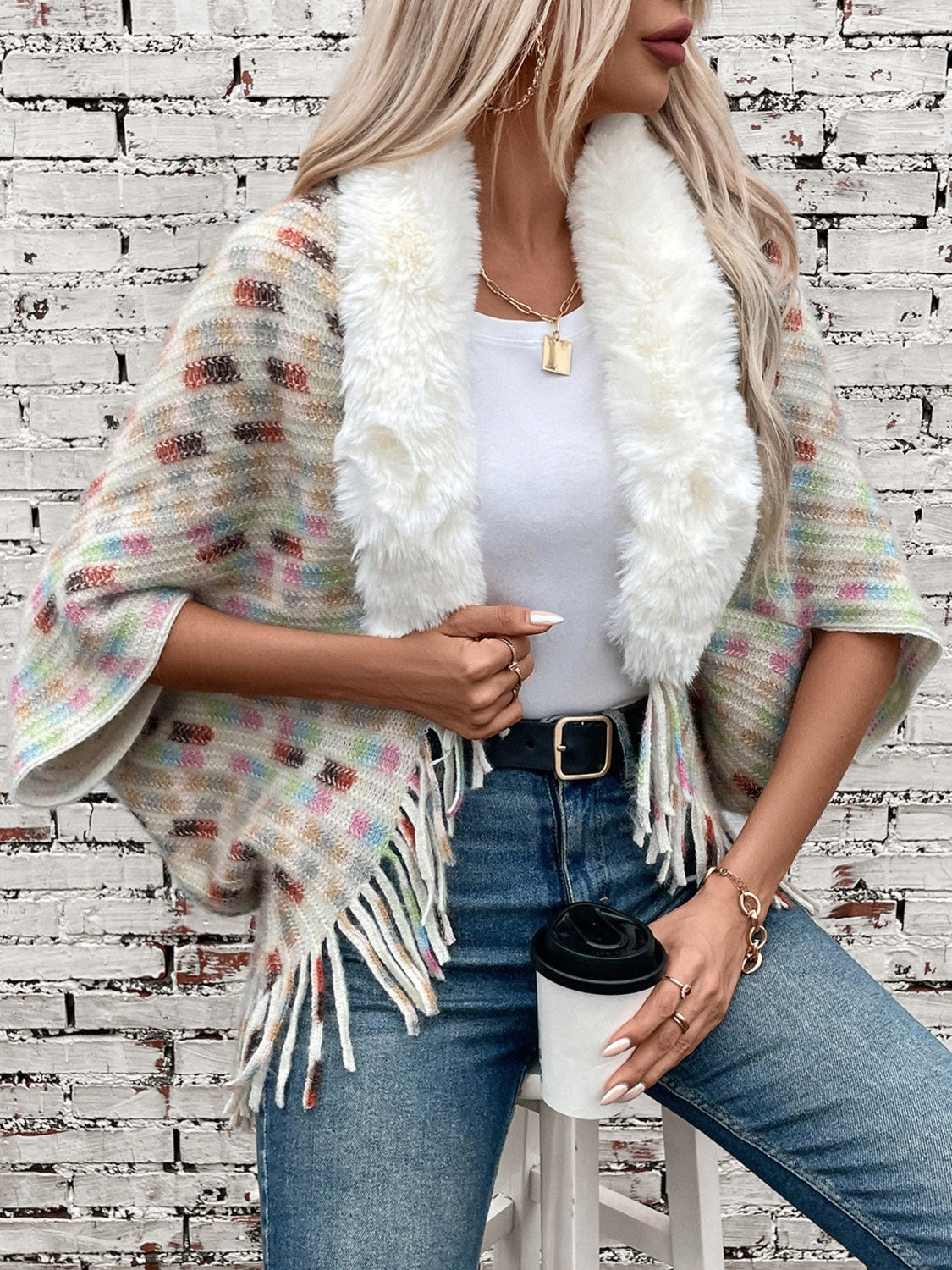 Fringe Fuzzy Open Front Poncho - Celeste    