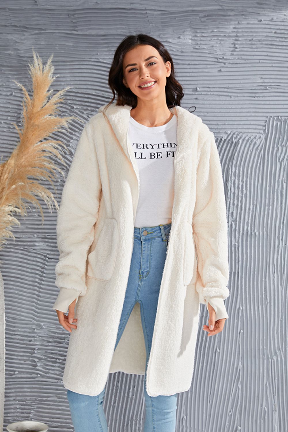 Double Take Full Size Hooded Teddy Bear Jacket with Thumbholes - Celeste    