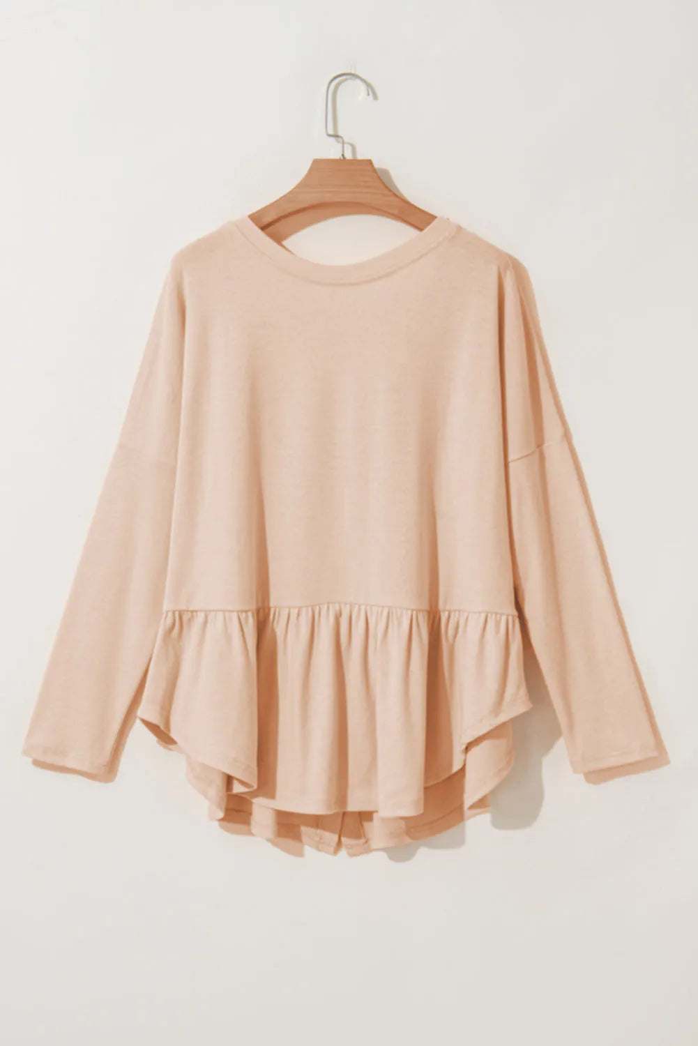 Curved Hem V-Neck Long Sleeve Top - Celeste    