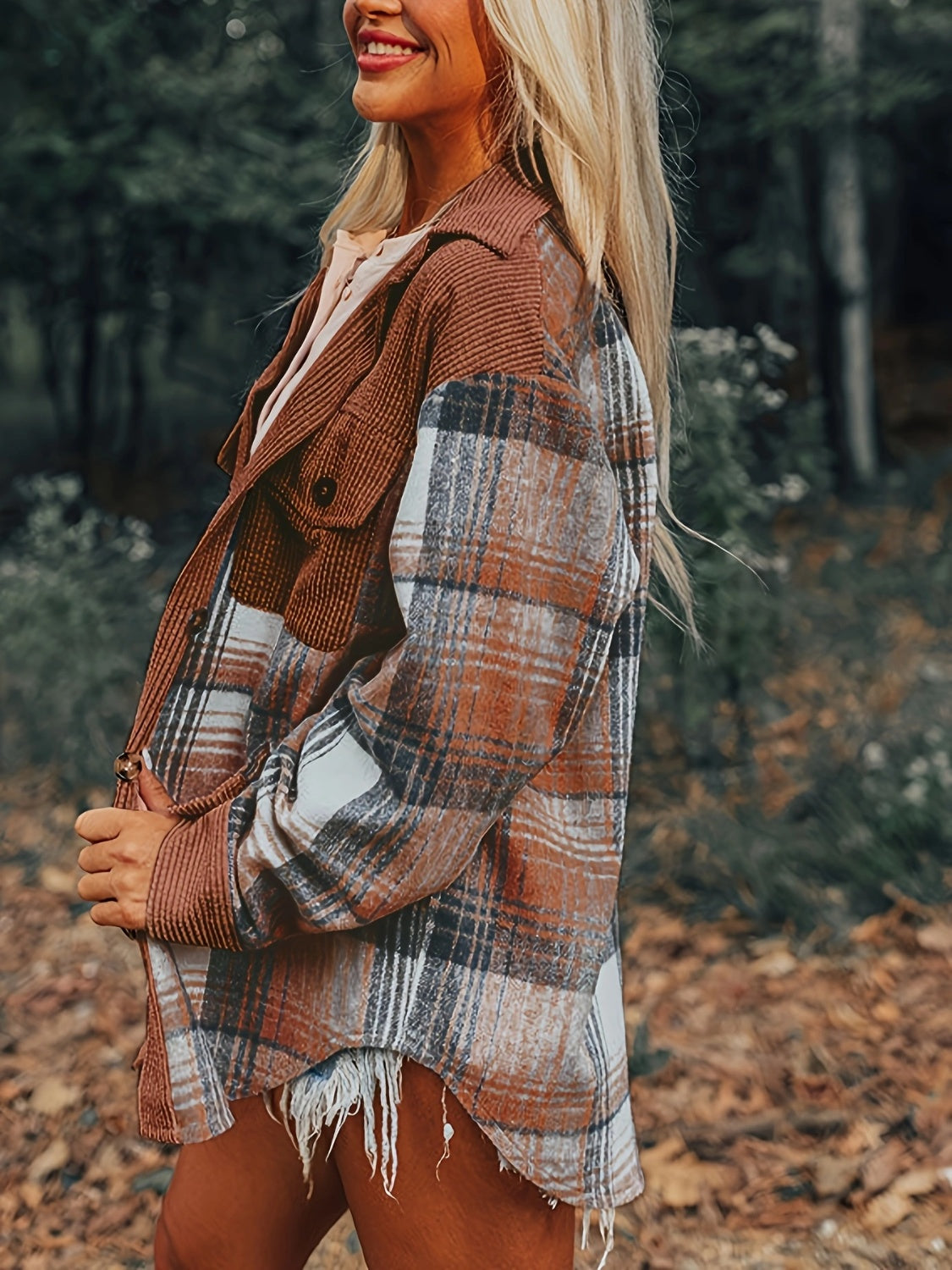 Plaid Collared Neck Button Up Shacket - Celeste    