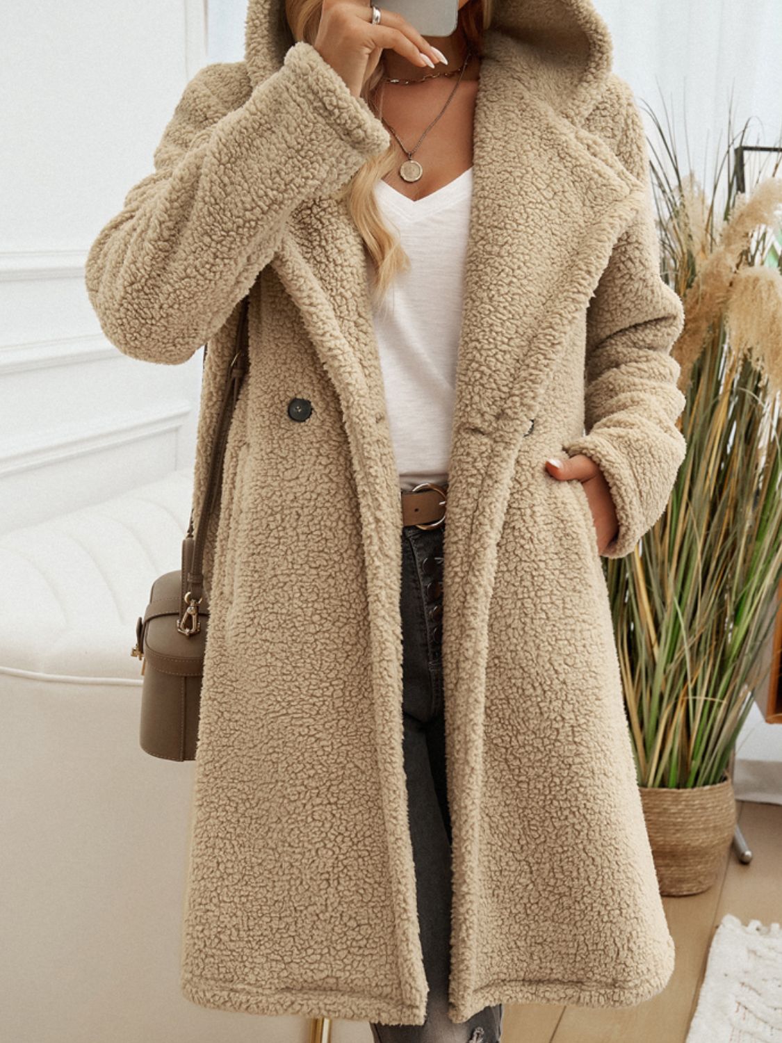 Devine Pocketed Long Sleeve Hooded Teddy Coat - Celeste    