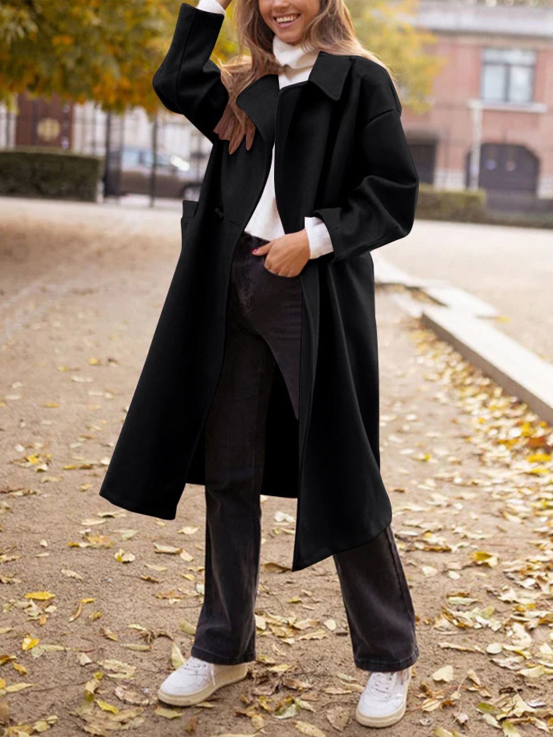 Pocketed Collared Neck Long Sleeve Coat - Celeste    