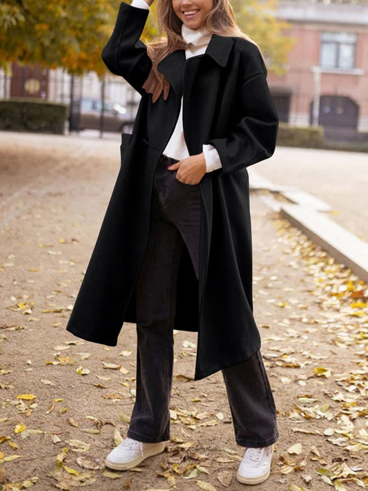 Pocketed Collared Neck Long Sleeve Coat - Celeste    