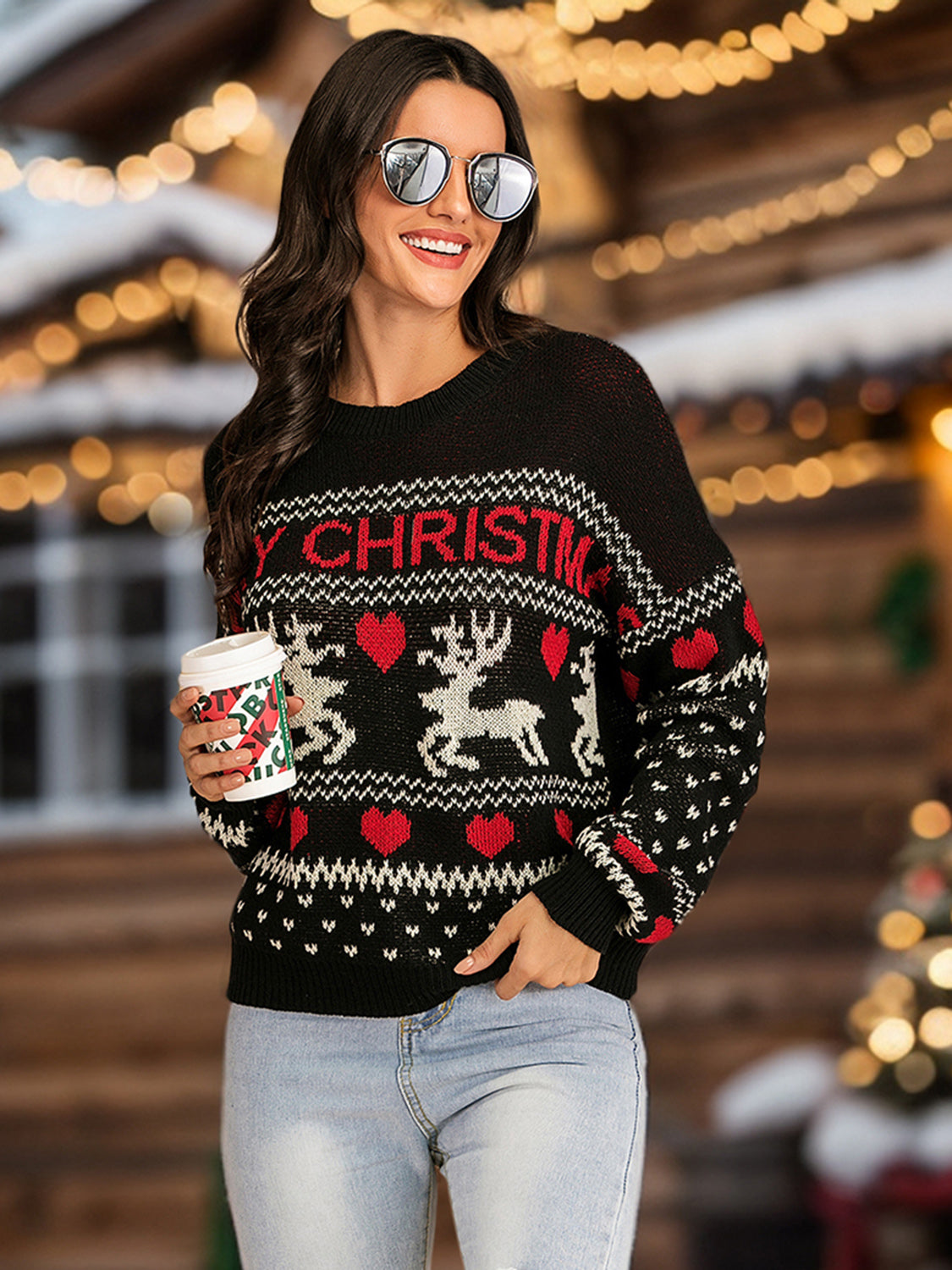 Perfee Christmas Element Round Neck Sweater - Celeste    