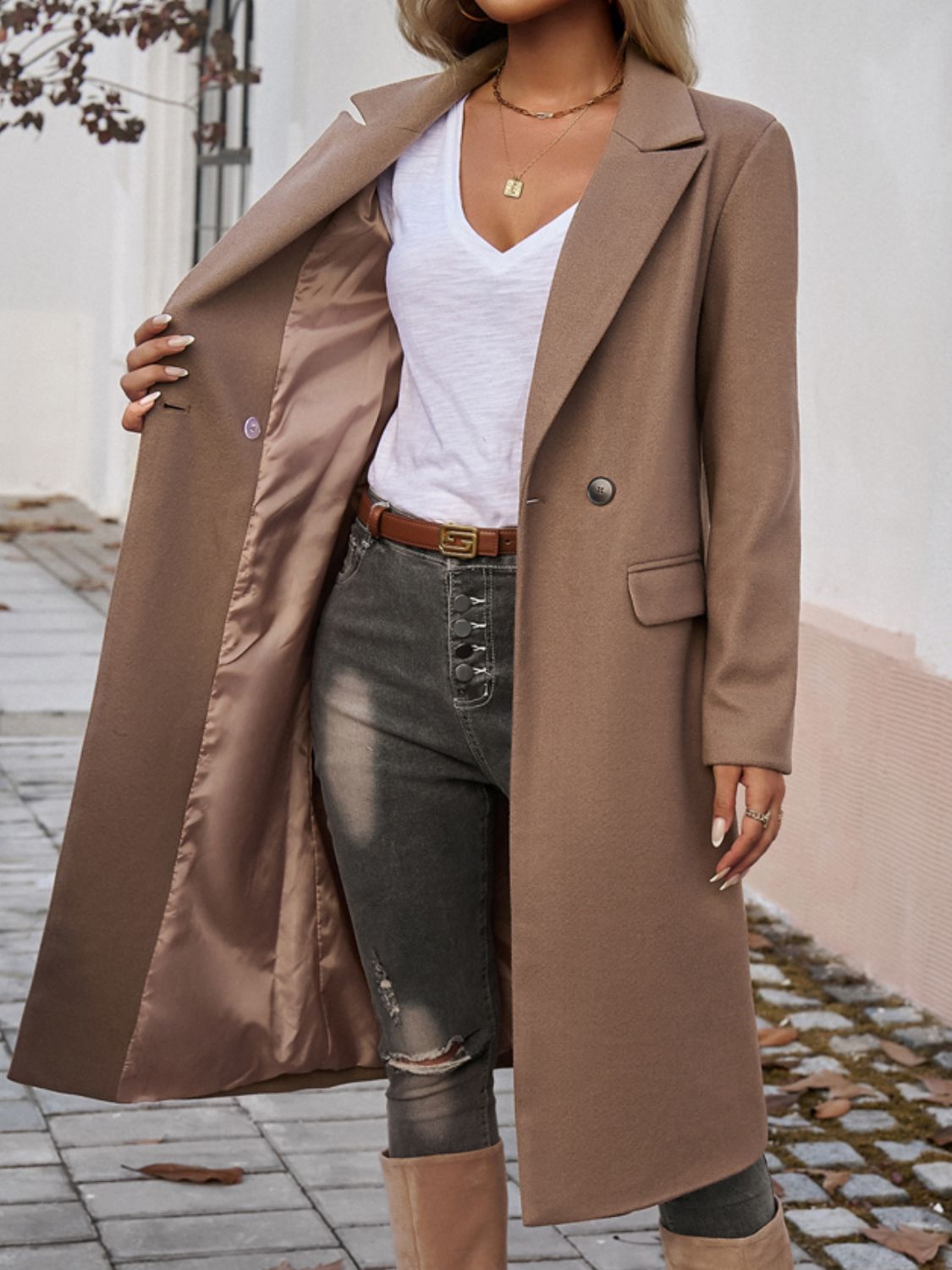 Devine Pocketed Collared Neck Long Sleeve Coat - Celeste    