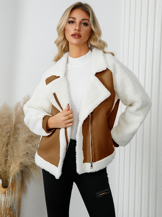 Pocketed Sherpa Zip Up Long Sleeve Jacket - Celeste    