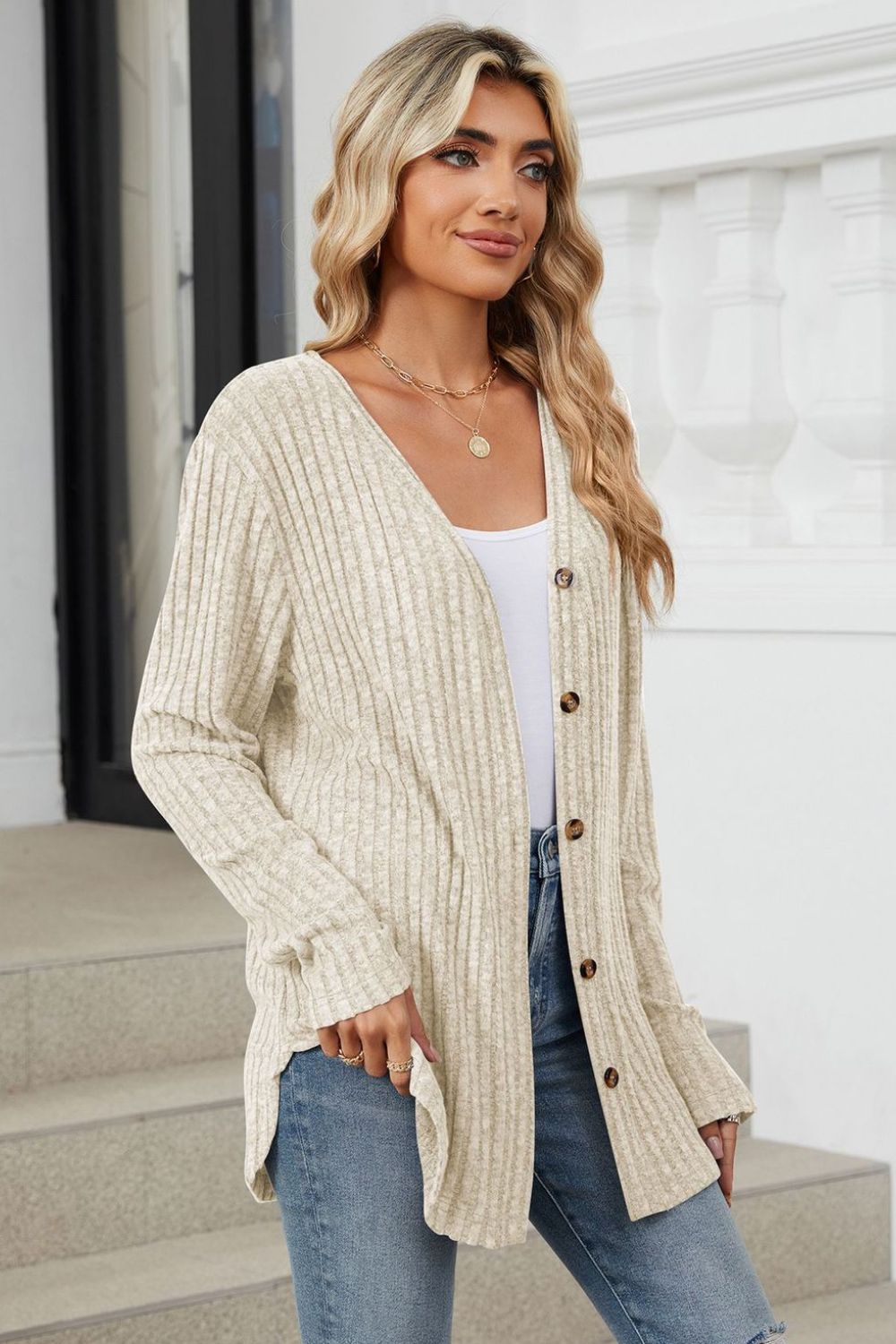 Loose Button Up Long Sleeve Cardigan - Celeste  Sweaters & Cardigans/Cardigans  