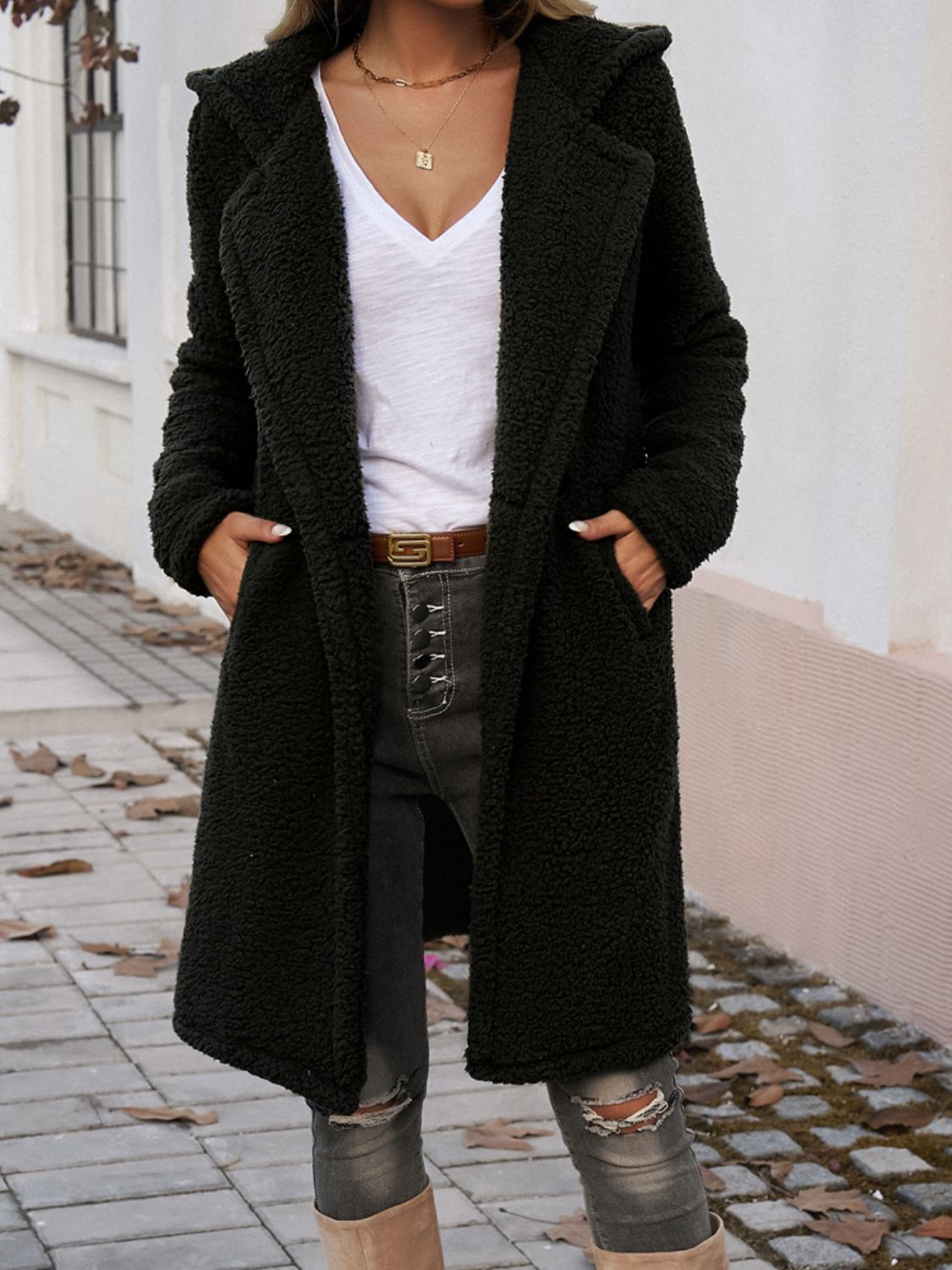 Devine Pocketed Long Sleeve Hooded Teddy Coat - Celeste    
