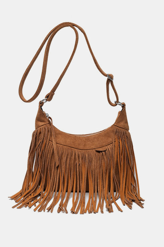 Suede Fringe Adjustable Strap Shoulder Bag - Celeste    