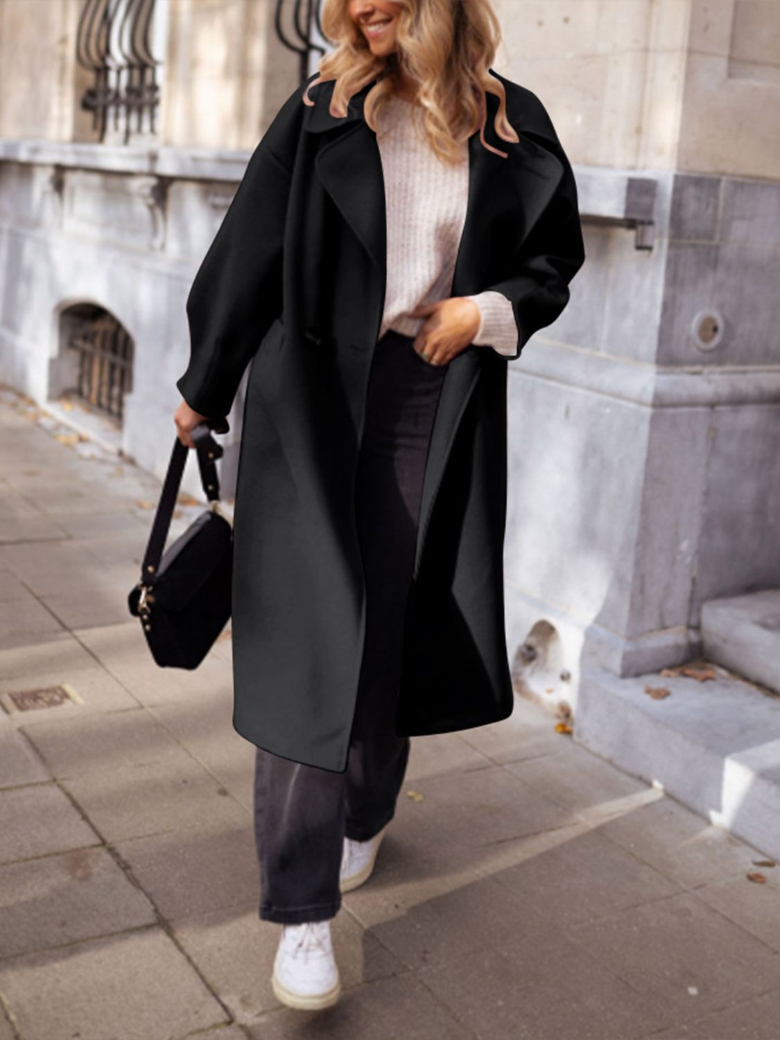 Pocketed Collared Neck Long Sleeve Coat - Celeste    