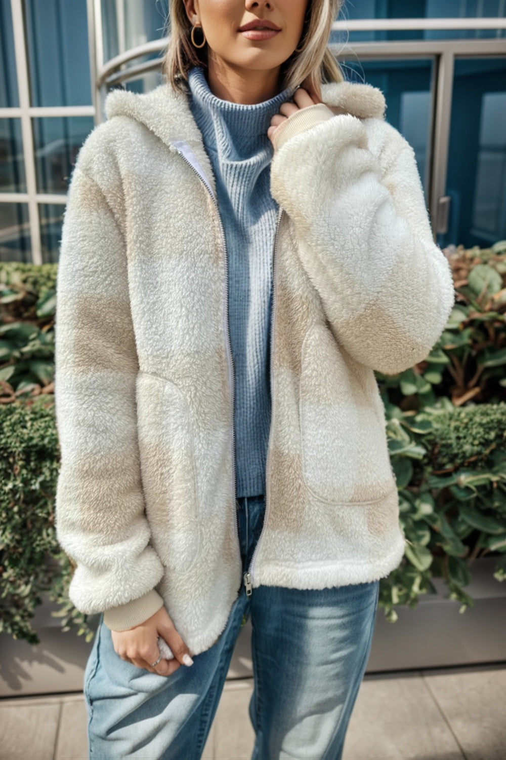 Double Take Full Size Plaid Long Sleeve Hooded Coat - Celeste    