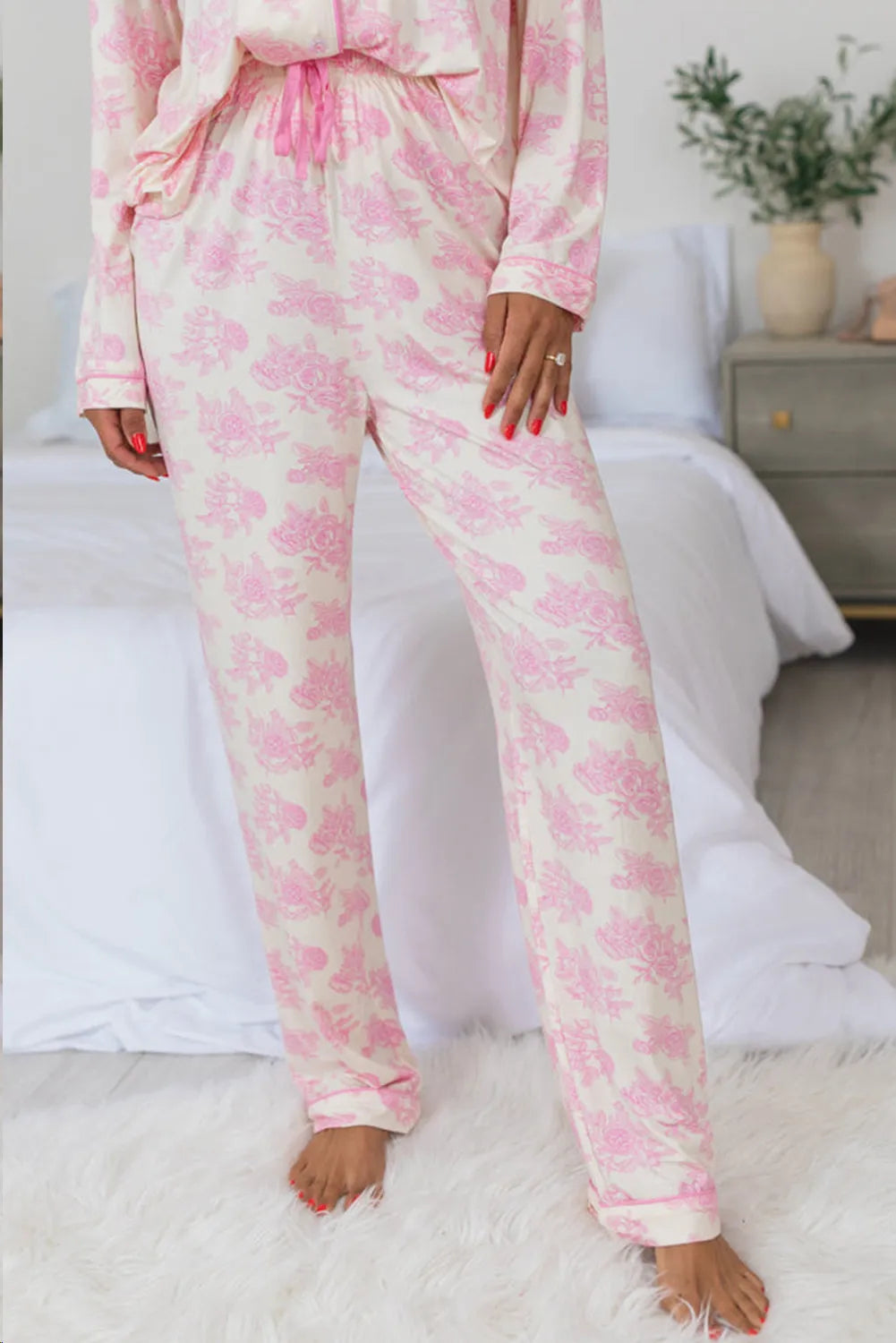 Printed Button Up Long Sleeve Top and Pants Lounge Set - Celeste    