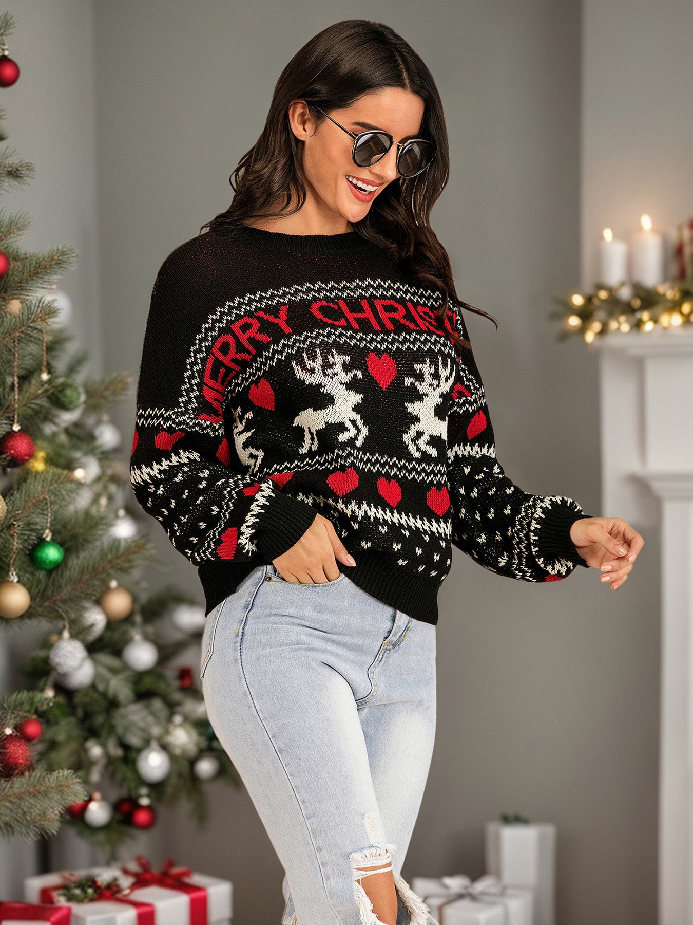 Perfee Christmas Element Round Neck Sweater - Celeste    
