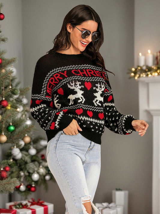 Perfee Christmas Element Round Neck Sweater - Celeste    