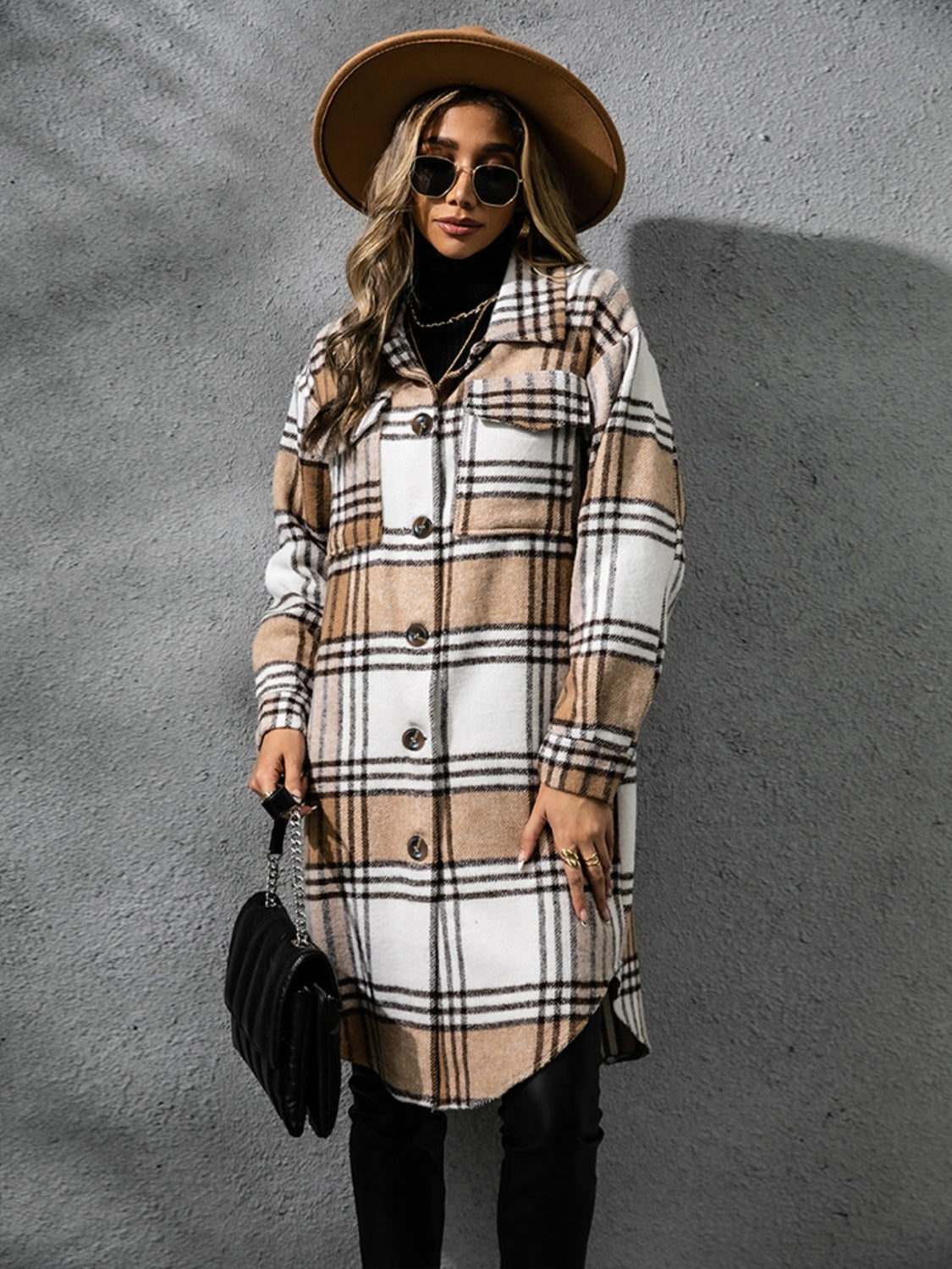 Plaid Collared Neck Long Sleeve Coat - Celeste    