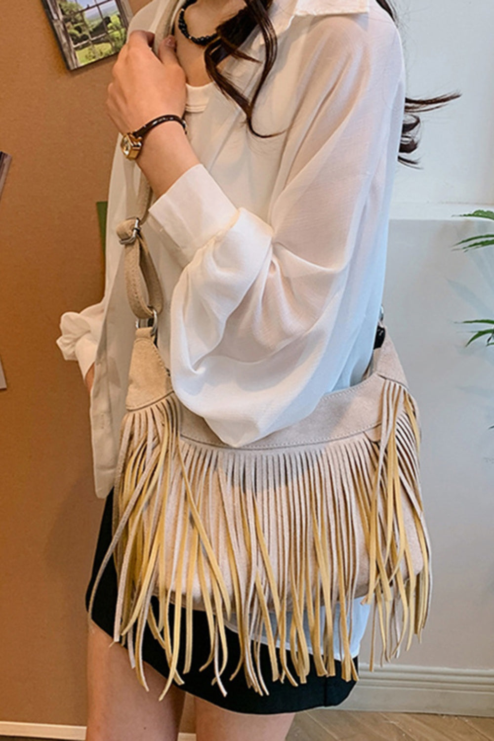 Suede Fringe Adjustable Strap Shoulder Bag - Celeste    