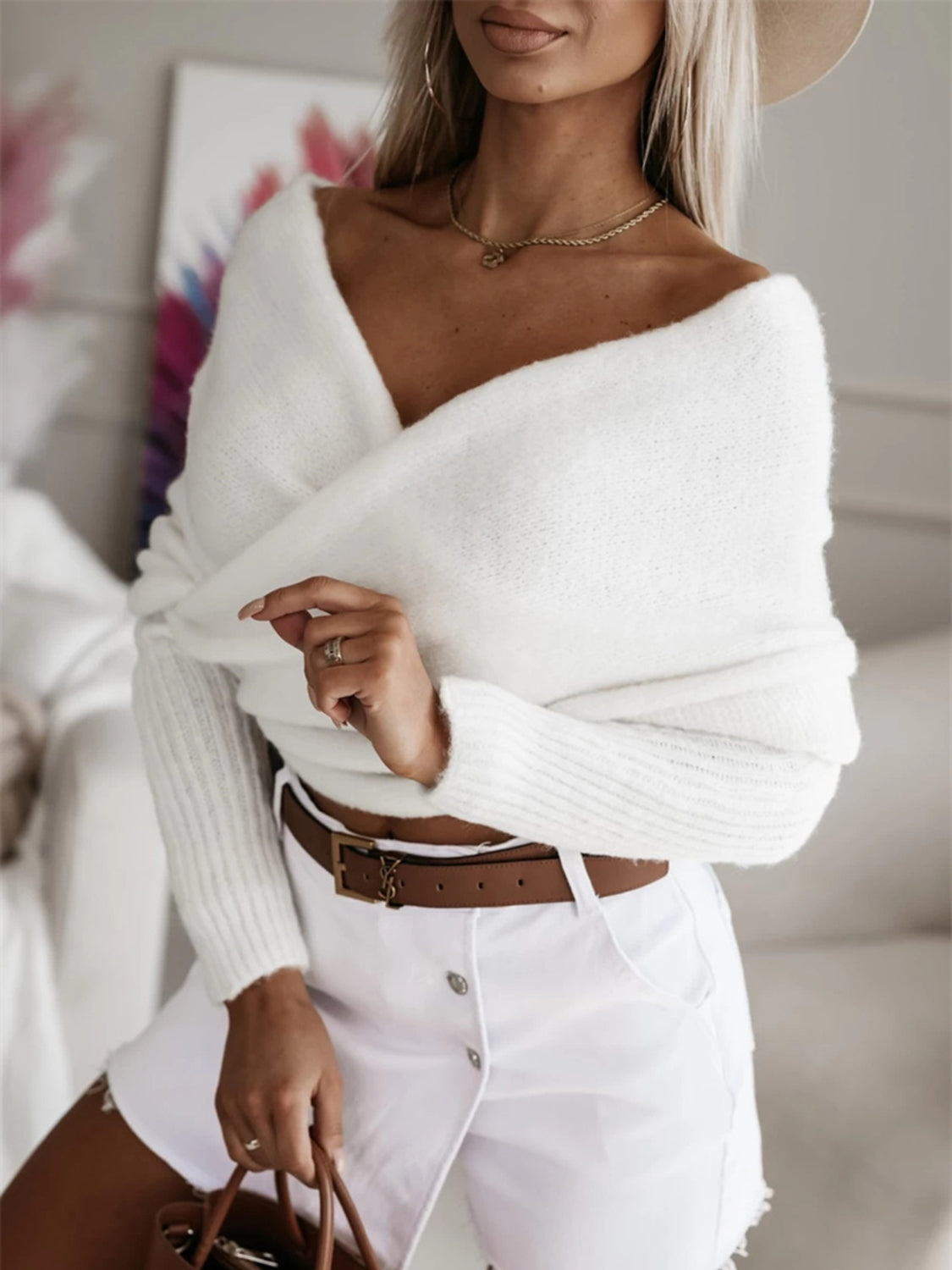 Long Sleeve Cropped Knit Top - Celeste    