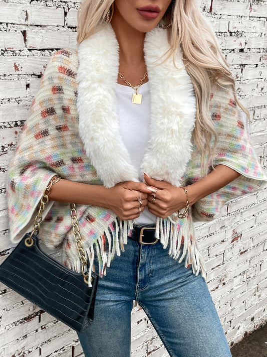 Fringe Fuzzy Open Front Poncho - Celeste    