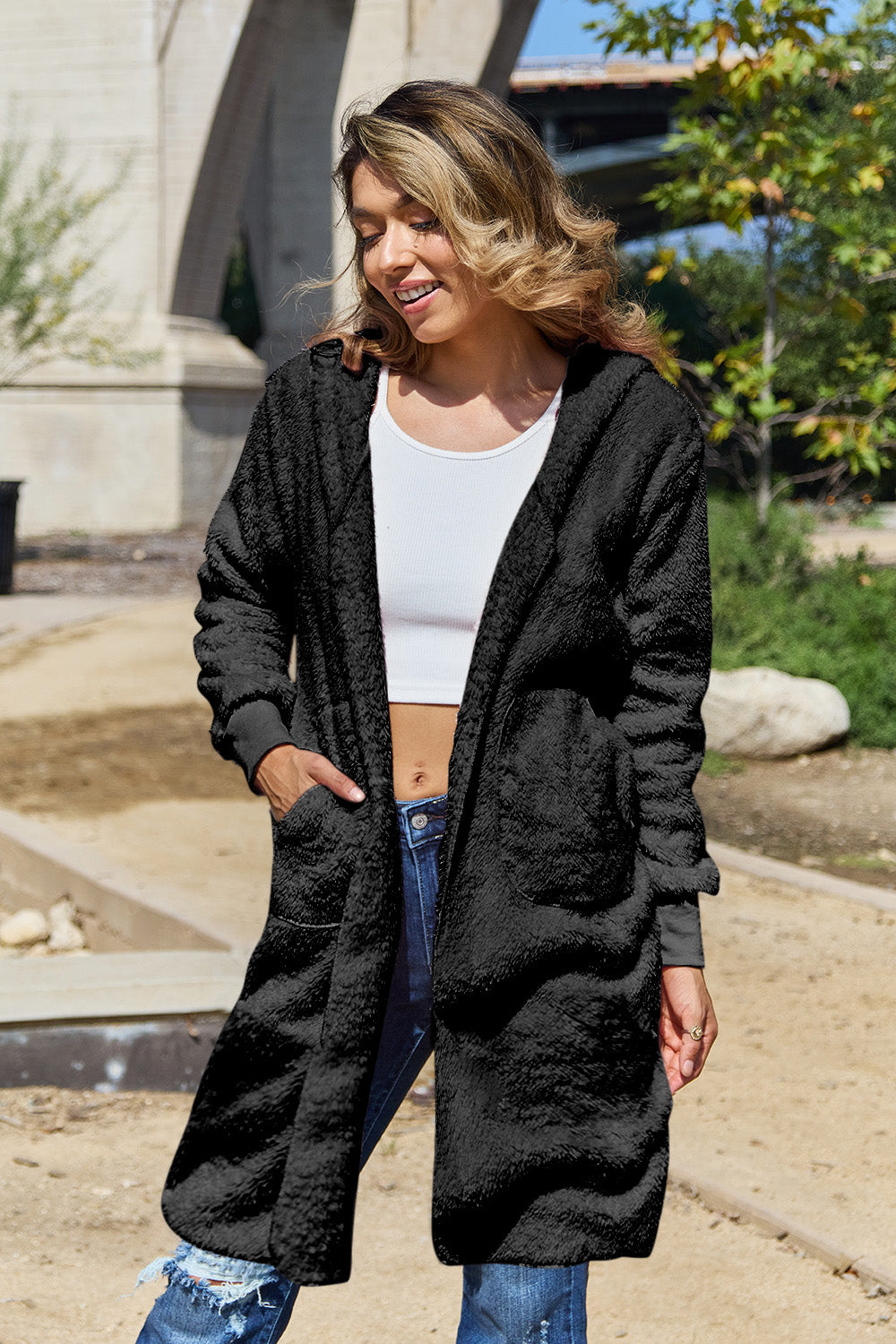 Double Take Full Size Hooded Teddy Bear Jacket with Thumbholes - Celeste    
