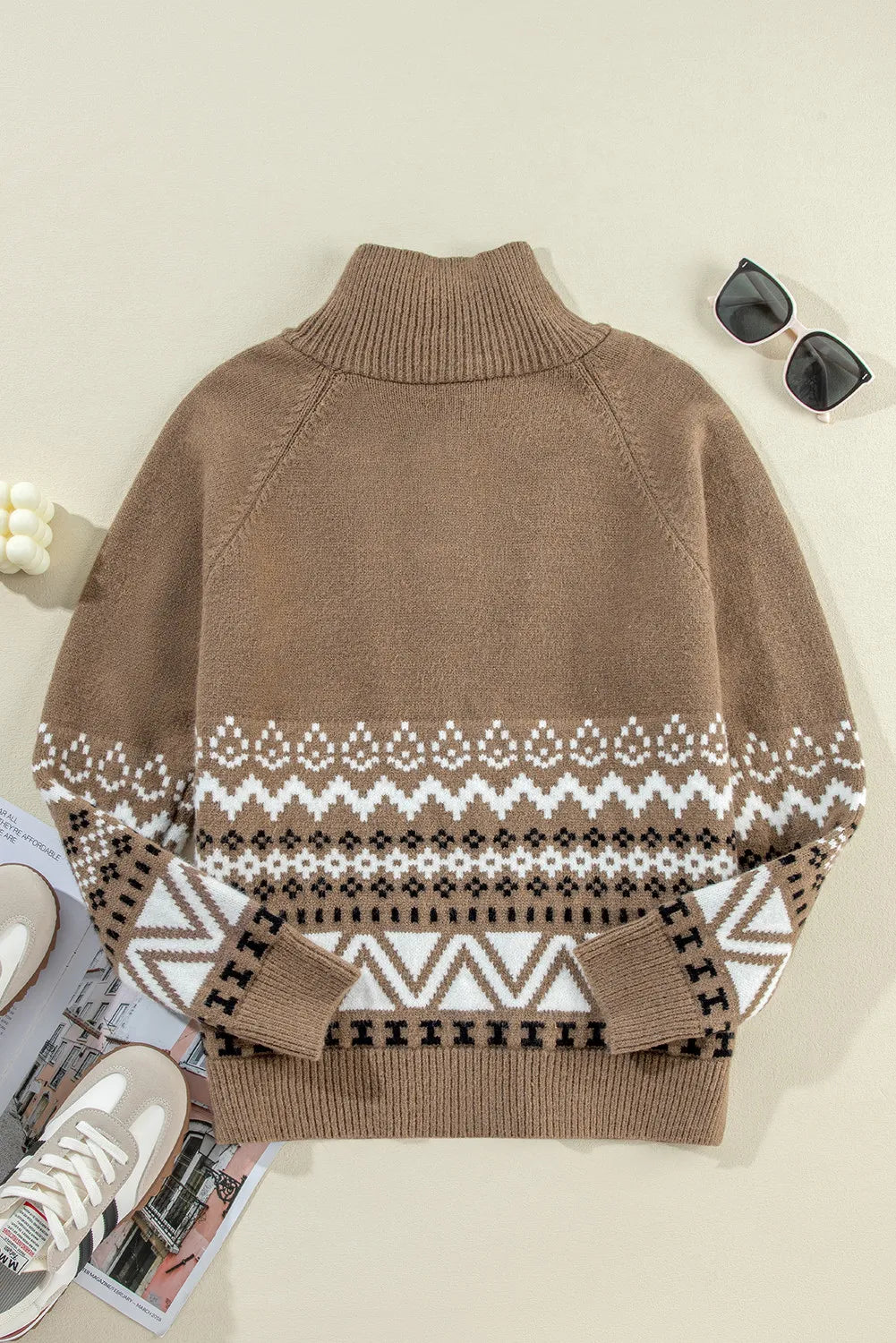Zip Up Long Sleeve Geometric Cardigan - Celeste    