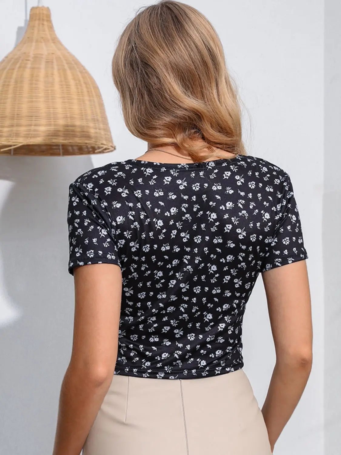 Floral Surplice Neck Short Sleeve Top - Celeste    
