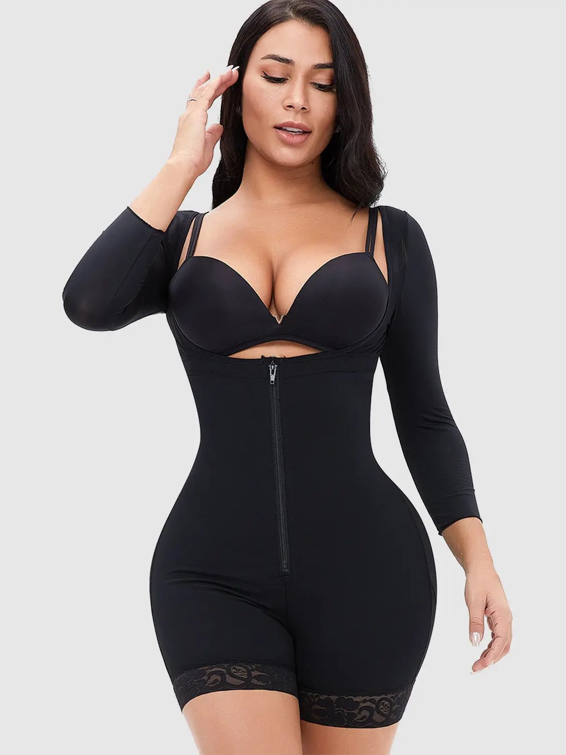 Full Size Zip Up Lace Detail Long Sleeve Shapewear - Celeste    