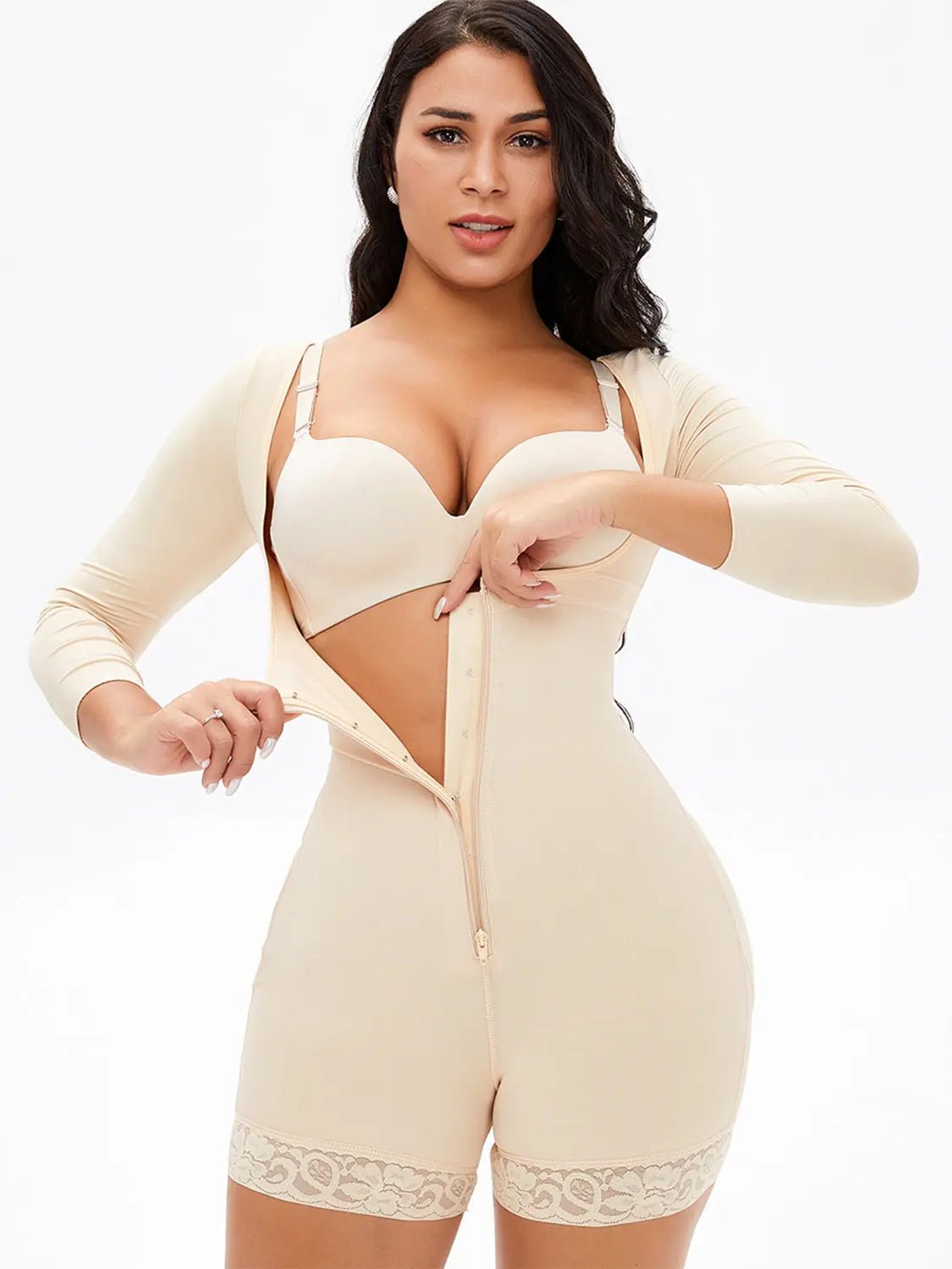 Full Size Zip Up Lace Detail Long Sleeve Shapewear - Celeste    