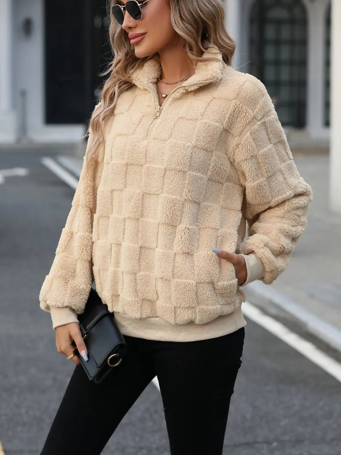 Fuzzy Quarter Zip Long Sleeve Sweatshirt - Celeste    