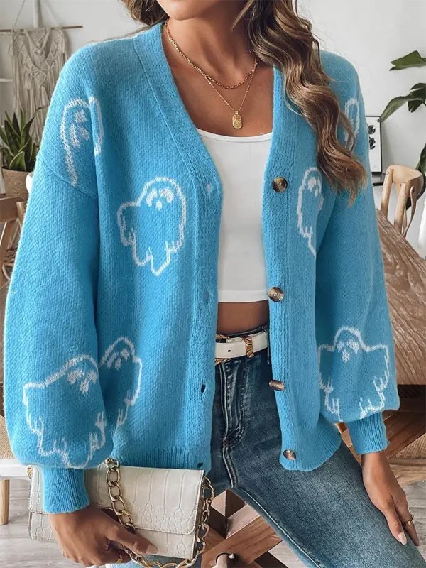 Ghost Button Down Cardigan - Halloween - Celeste    