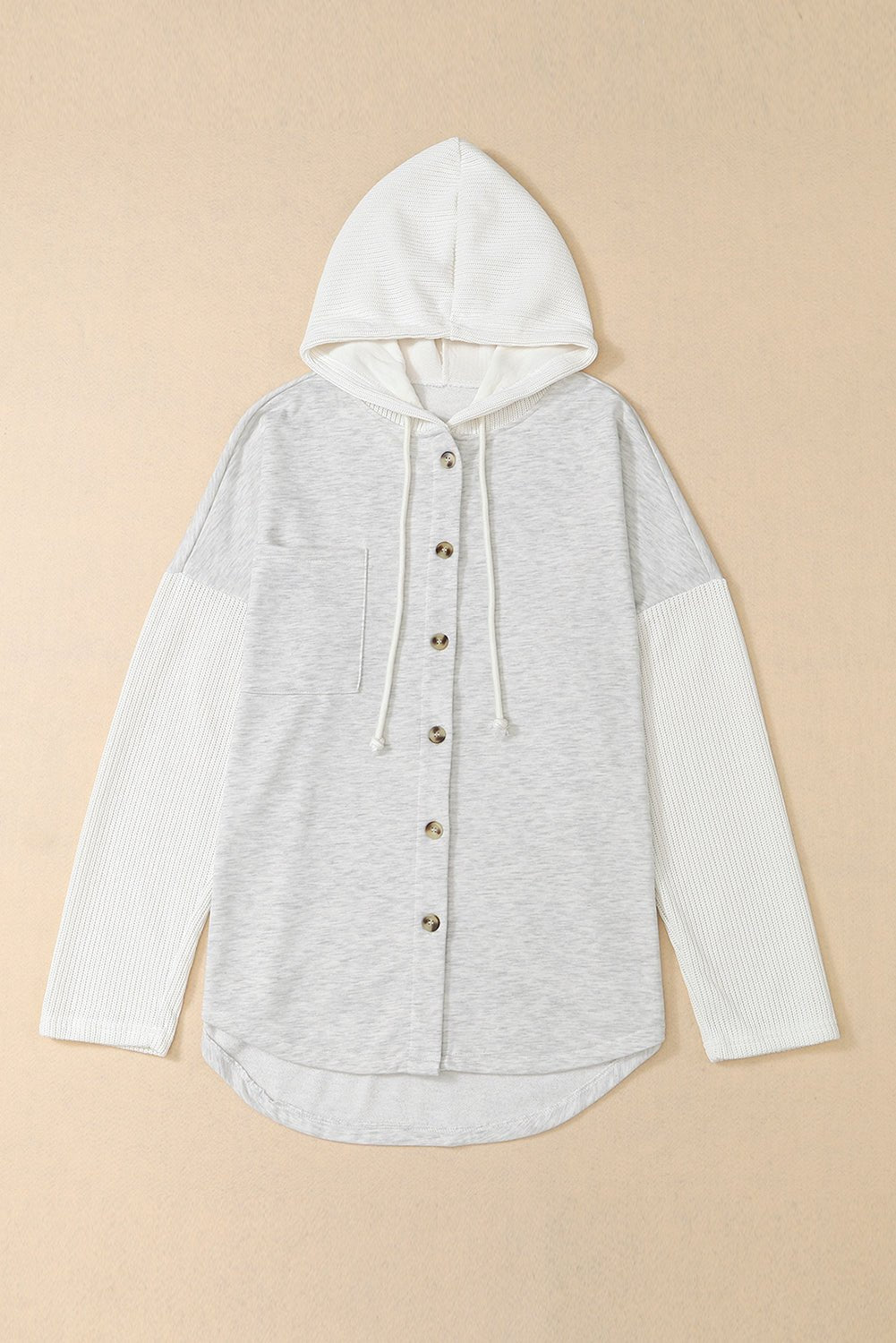 Gray Button Up Contrast Knitted Sleeves Hooded Jacket - Celeste  Outerwear/Jackets  