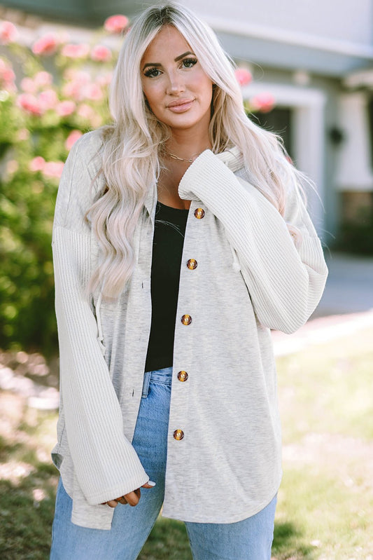 Gray Button Up Contrast Knitted Sleeves Hooded Jacket - Celeste  Outerwear/Jackets  