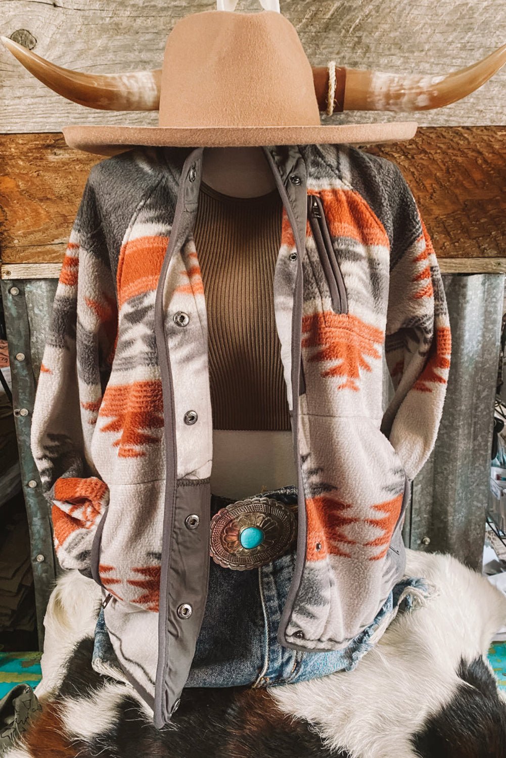Gray Western Aztec Snap Buttoned Fleece Jacket - Celeste  Outerwear/Jackets  