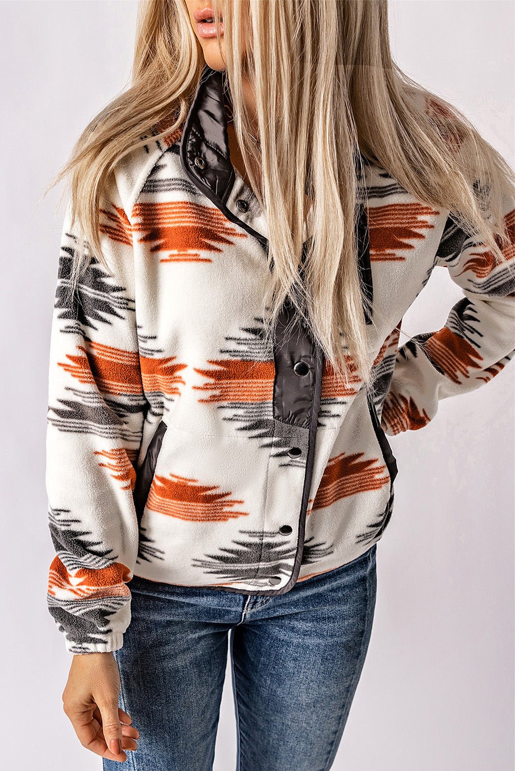Gray Western Aztec Snap Buttoned Fleece Jacket - Celeste  Outerwear/Jackets  