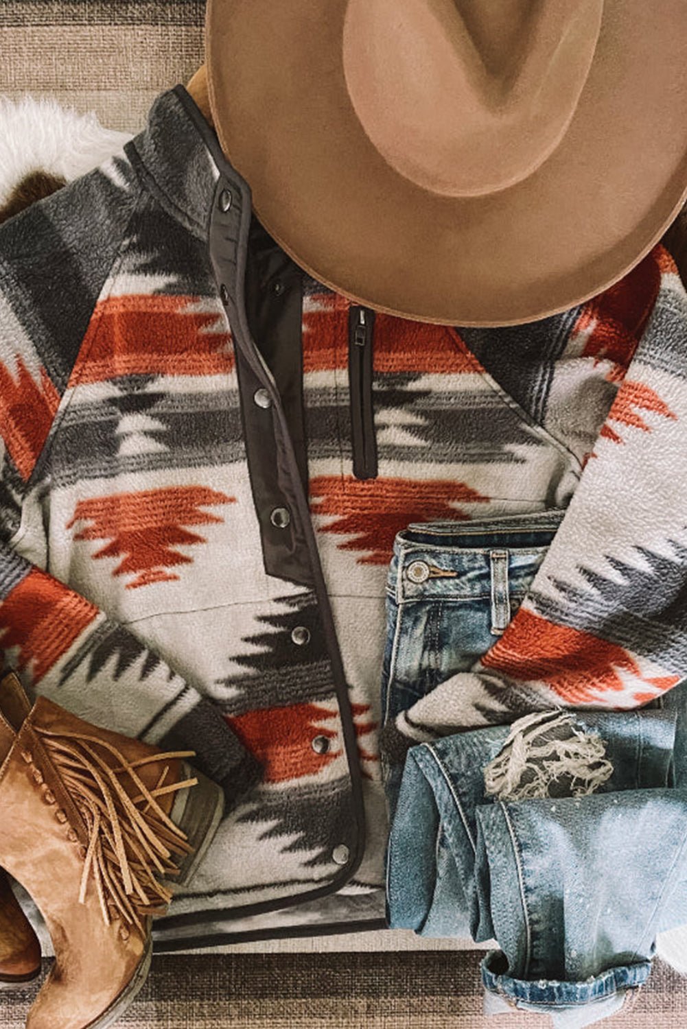 Gray Western Aztec Snap Buttoned Fleece Jacket - Celeste  Outerwear/Jackets  
